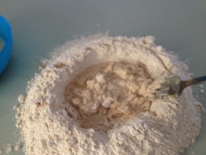 Keep mixing until all the flour and liquid comes together.